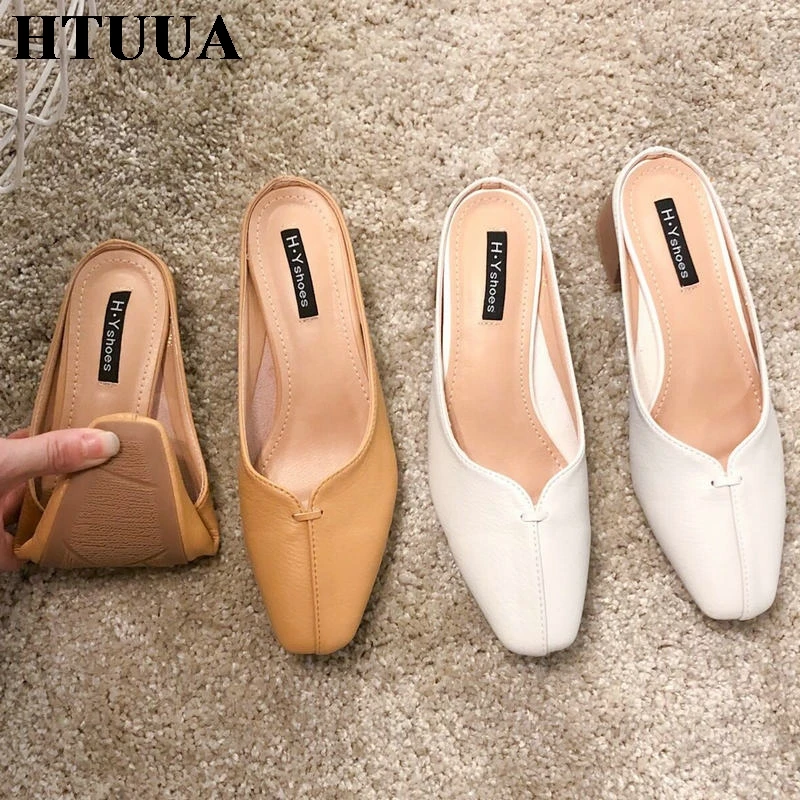 

HTUUA Brand Designer Chunky Heel Mules Shoes Women Slippers Summer Slides Ladies Soft Sole Wooden Heels Slip On Sandals SX2737