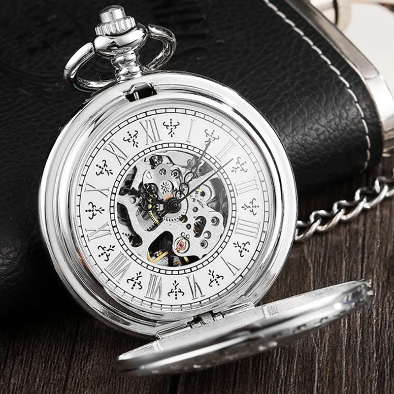 Полный серебра большой орел стимпанк Роскошные Механические карманные часы Для мужчин Винтаж Hollow Скелет часы Fob мужской унисекс часы