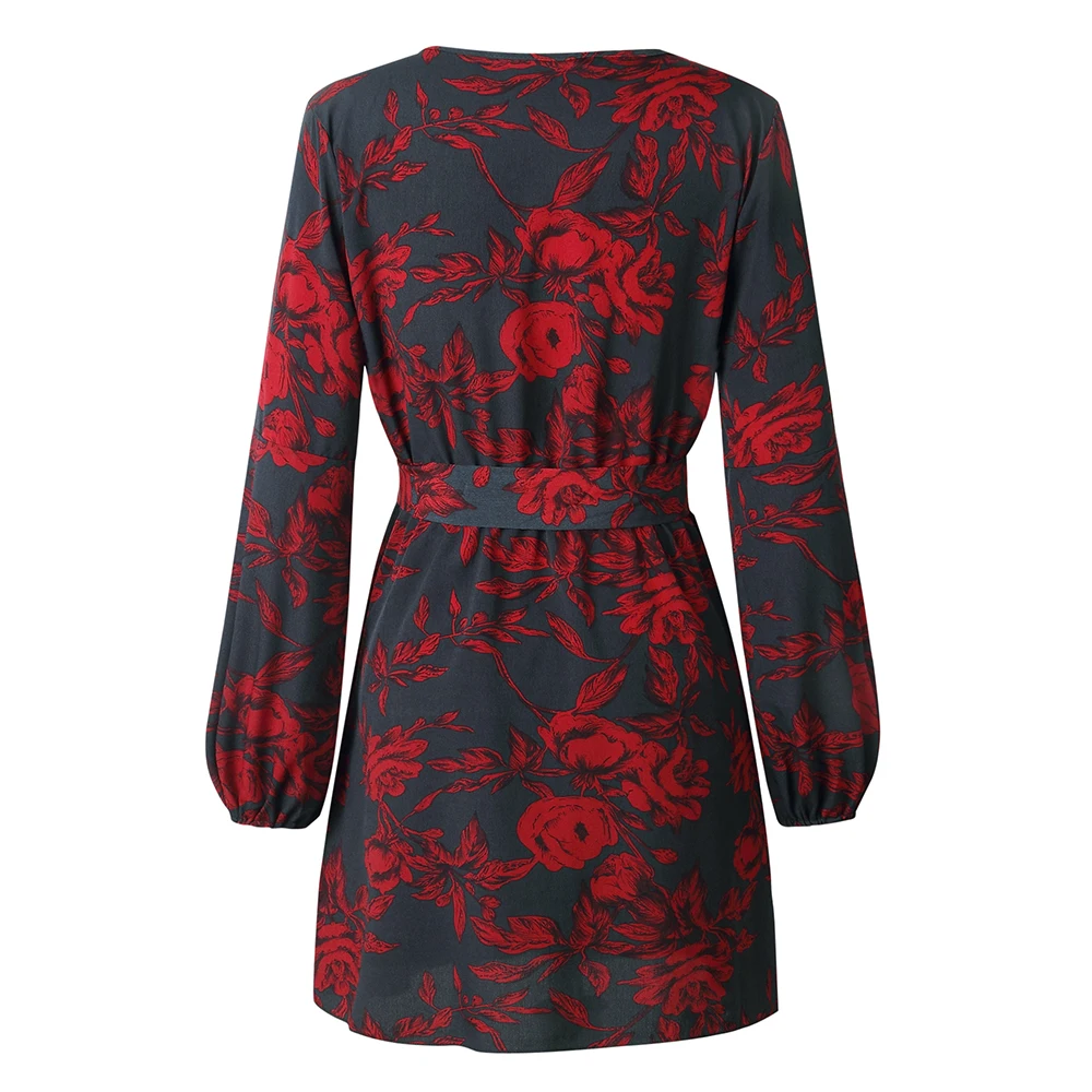 Print Dress 2018 Autumn Lady Sexy Deep V-Neck Flower Dresses longsleeve Print Hem Folds Bohemian Style Belt Mini Beach Dress HTB1ov2KBOCYBuNkHFCcq6AHtVXaZ - Print Dress 2018 Autumn Lady Sexy Deep V-Neck Flower Dresses longsleeve Print Hem Folds Bohemian Style Belt Mini Beach Dress