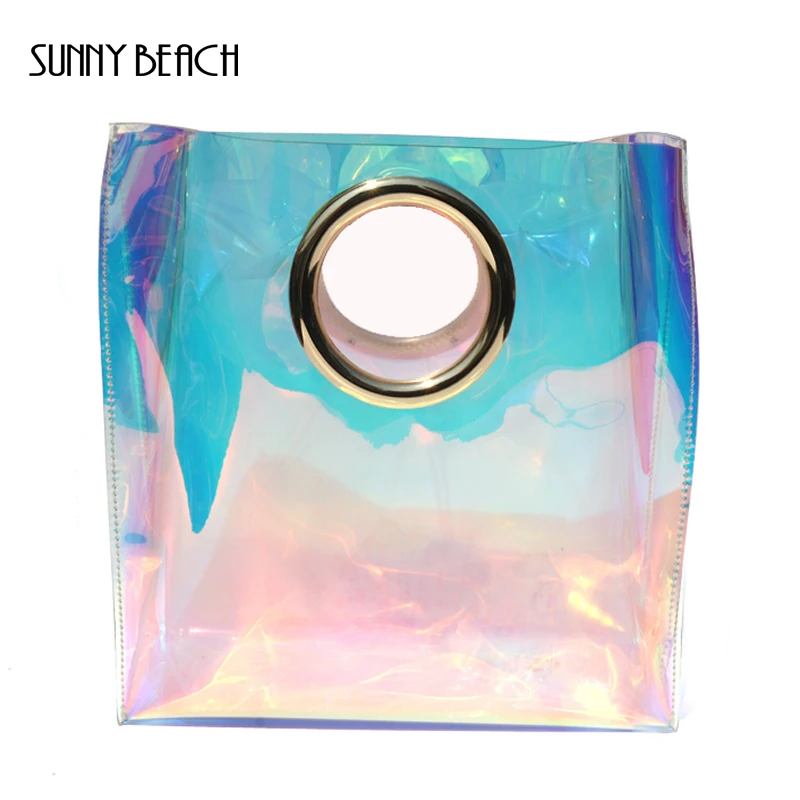 Солнечная пляжная модная прозрачная сумка типа тоут, Женская сумочка, Круглый Круг, сумочка-ристлет, пляжные сумки, голограмма, лазерная сумка-тоут