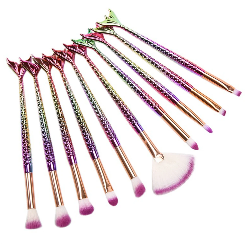 

10Pcs Mermaid Makeup Brushes Professional Chubby Fish Brushes Foundation Makeup Brush Set Soft Fishtail Bristles Eyeshadow Conce