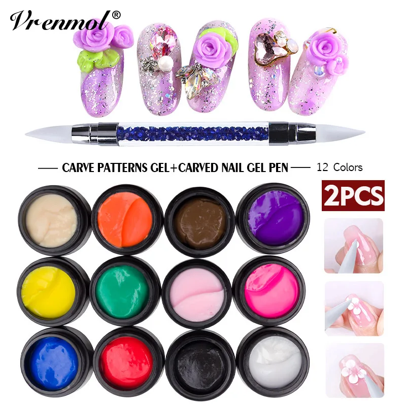 

Vrenmol 12 Color 3D Carved Pattern Gel Modelling Manicure Painting Gel Soak Off UV DIY Bright Sculpture Nail Art Decoration Tool