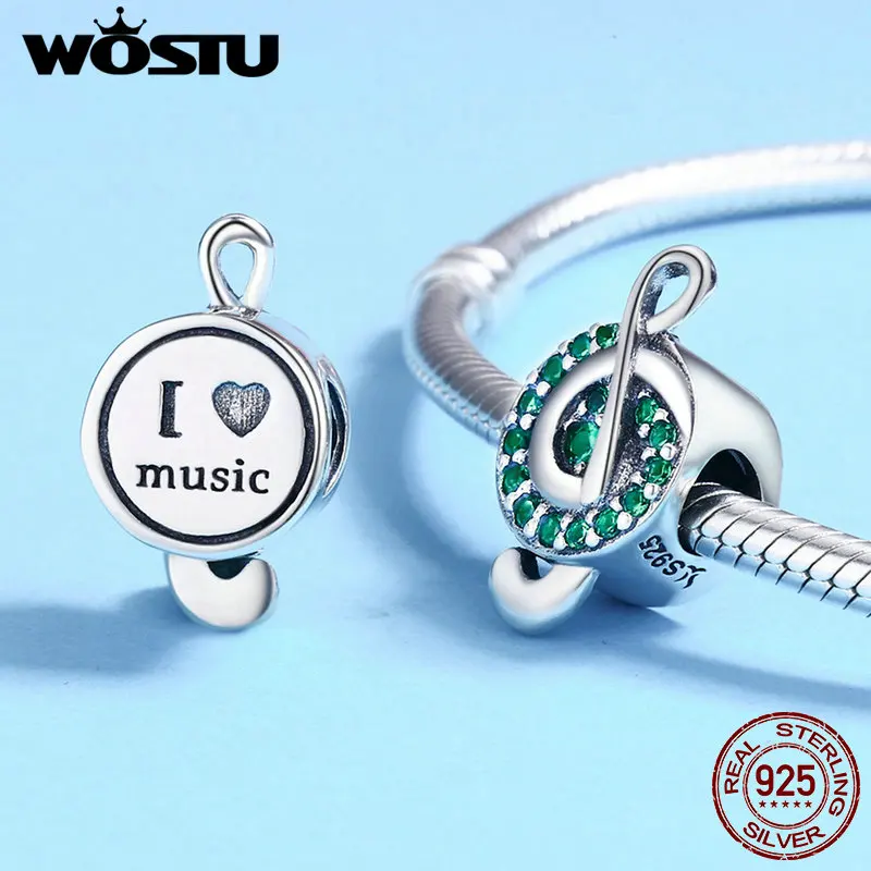 WOSTU New Collection 925 Sterling Silver I Love Music Note Green Clear CZ Beads Fit Charm Bracelet Beads Jewelry Gift DXC450