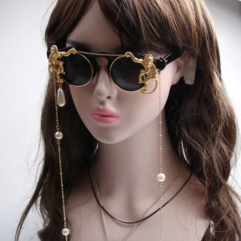Солнцезащитные очки для женщин, роскошный бренд, металлическая обезьяна, жемчужная цепь, аксессуары, Круглые, флип-топ, очки, солнцезащитные очки для женщин