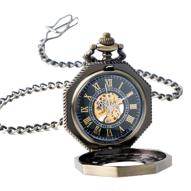 Бронзовая Античная Классика уникальные Octagon Дизайн Механические карманные часы ручной Ветер римскими цифрами брелок часы