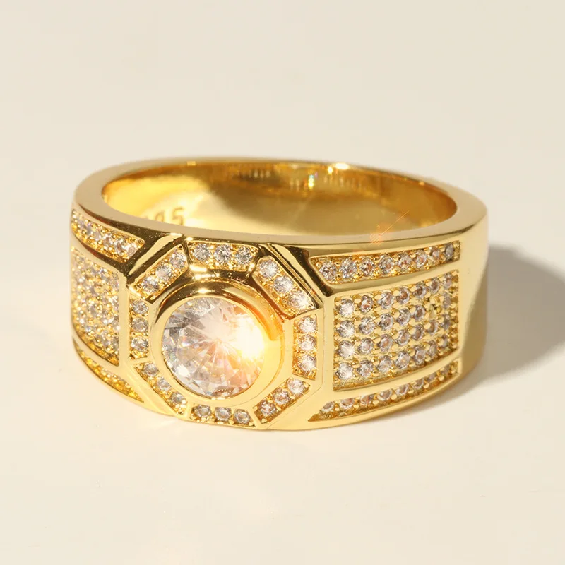 Fashion Gold Color and S925 Sterling Stamp Classic Men's Punk Style Hip Hop Ring Band Cool Gold Crystal AAA CZ Ring Jewelry