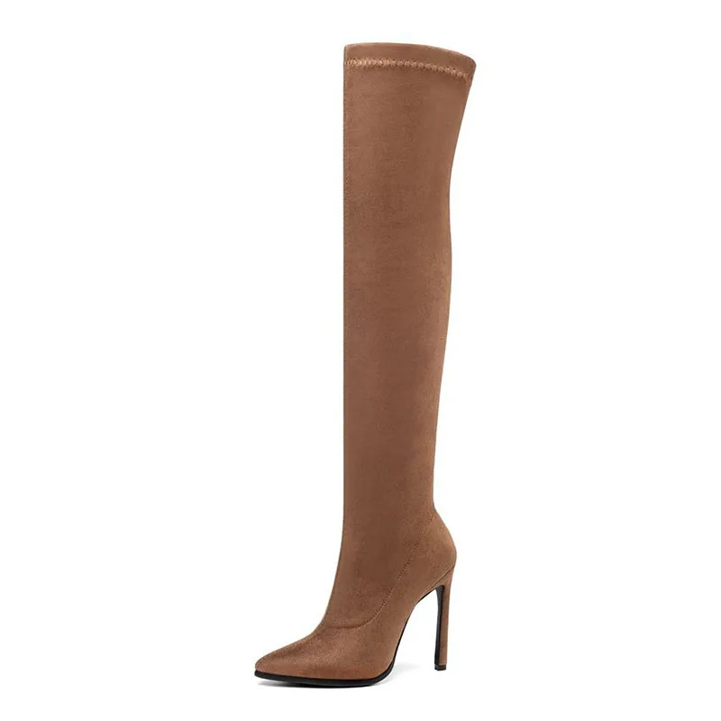Taoffen/; женские высокие сапоги на высоком каблуке; женская обувь; пикантные леопардовые зимние женские сапоги выше колена с острым носком; размеры 34-43 - Color: camel