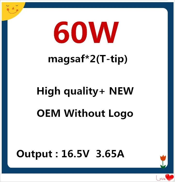 

T tip New magsaf* 2 60W -With 16.5V 3.65A , Laptop power adapter charger for apple Macbook pro 13" A1435 A1465 A1425 A1502