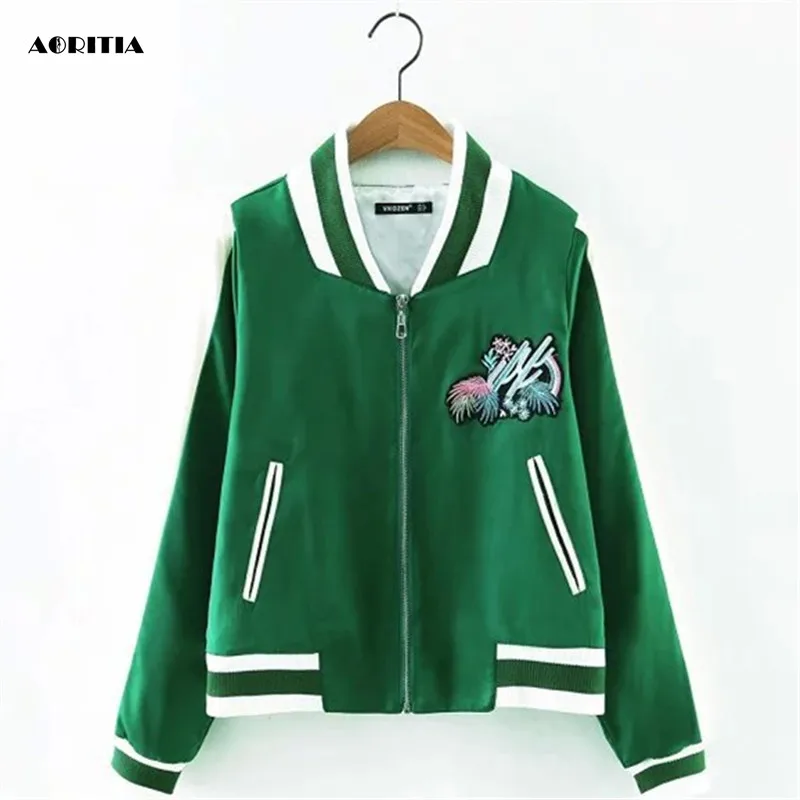 

2019 Women Embroidery Jacket Silk Satin Ladies Green Baseball Jackets Campera Mujer Blouson Bombers Femme Casaco