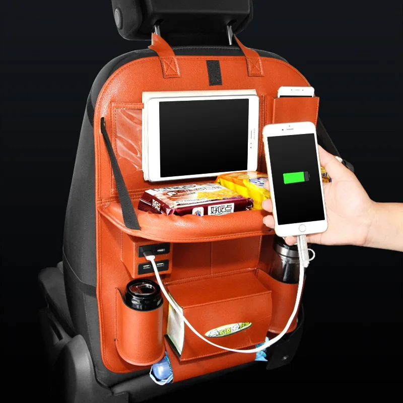 Car Backseat Organizer with Dining Table PU Leather PVC Transparent Bag Auto Back Seat Pocket Storage Bag Tray with 4 USB Ports (2)