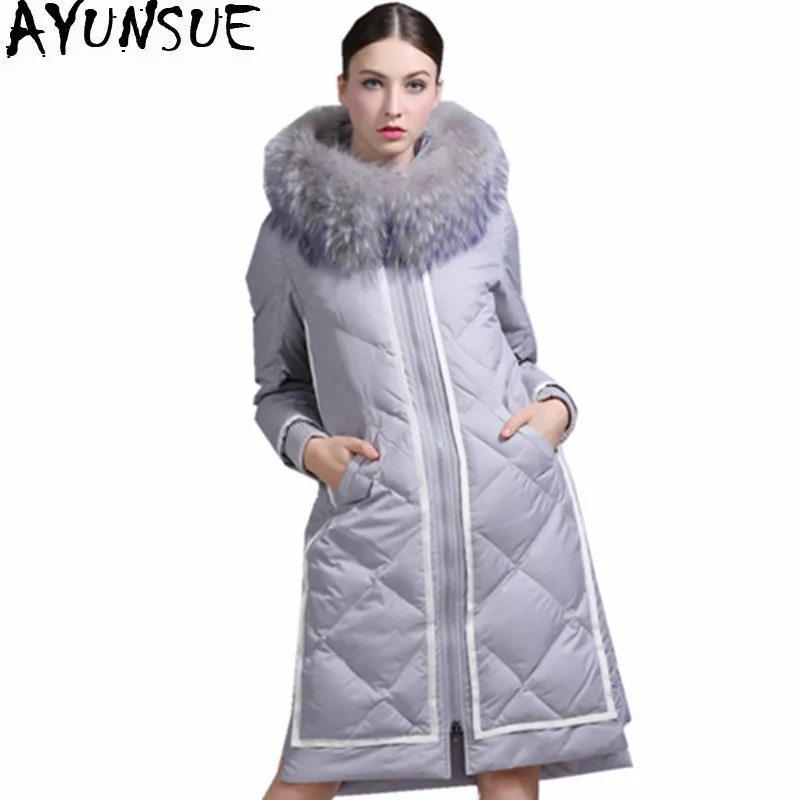 

AYUNSUE Fashion Women's White Goose Down Jacket Raccoon Fur Collar Parkas Warm Winter Coat Women Hooded Jackets Inverno WXF317