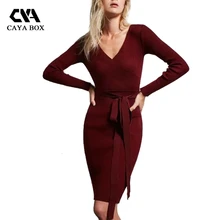 Caya коробка V Средства ухода за кожей шеи длинный рукав вязаный Bodycon свитер женское платье осень Мода 2017 г. корейский свитер вязаный