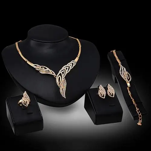 Hot Wedding Bridal Party Wavy Rhinestone Choker Necklace Bracelet Ring Earrings Set nigerian wedding jewelry set | Украшения и