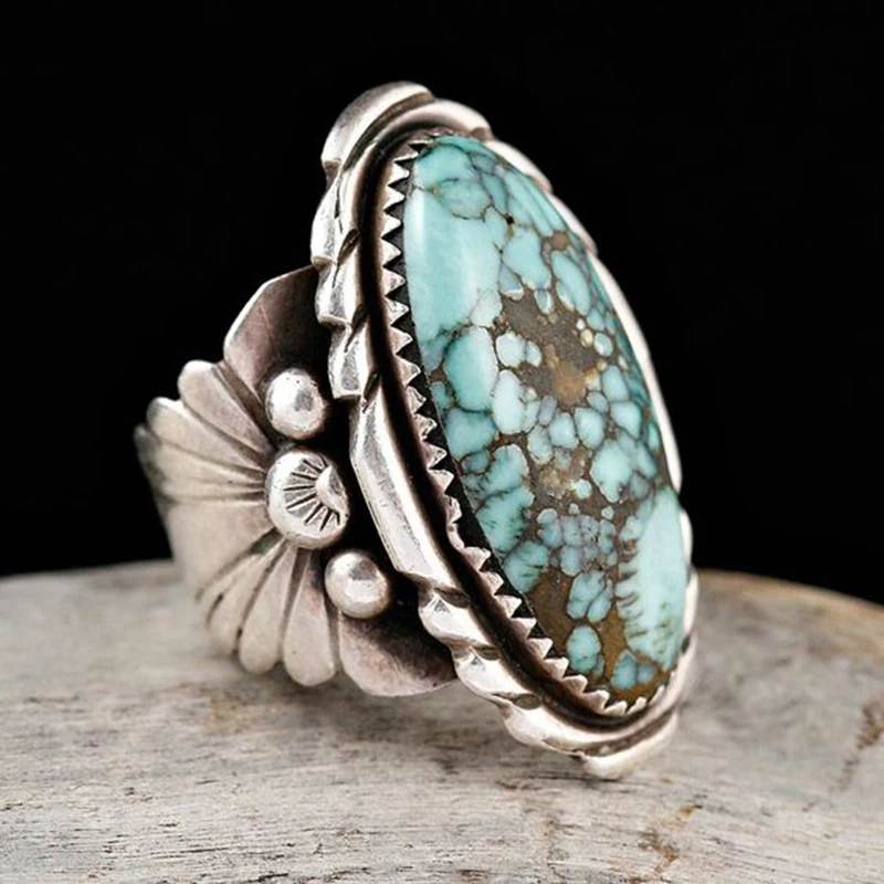 

Bohemian Vintage Tibetan Oval Blue Stone Ring Antique Silver Plated Carved Pattern Ring Big Male Female Ring Anillos L3Q692