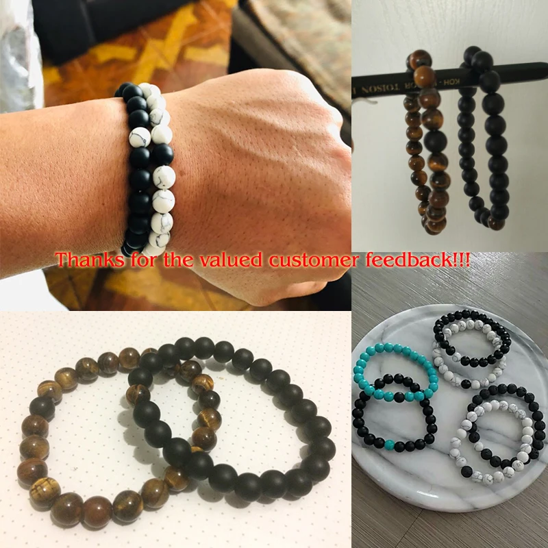 2 Pcs/set Fashion Couple Tiger Eye Stone Bracelets Bangles Classic Black White Natural Lava Stones Charm Bead Bracelet Women Men