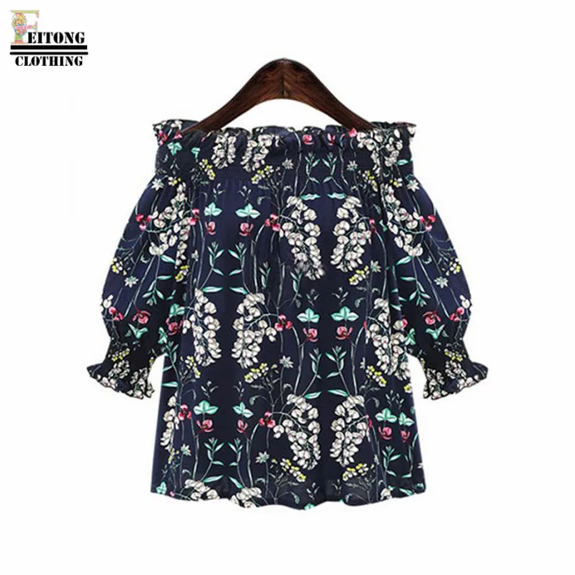 

FEITONG 2017 Navy White Fashion Three Quarter Flare Sleeve Slash Neck Women Off Shoulder Floral Print Blouse Casual Tops Shirt