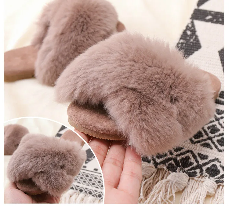 New Spring Plush Slippers Girls Slippers Real Rabbit Fur Shoes Open Toe Slippers All-match Childrens Shoes Summer Home Slippers