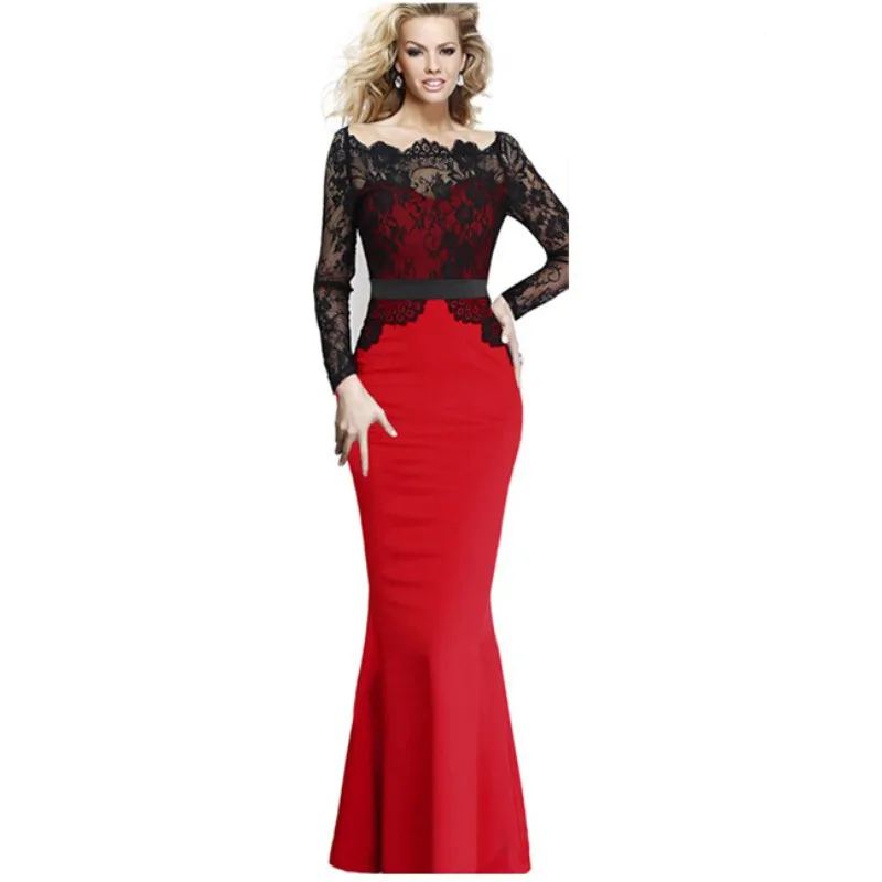 Gauze Long Sleeve Red Black Patchwork Sexy Bodycon Women Mermaid Hip font b Dress b font