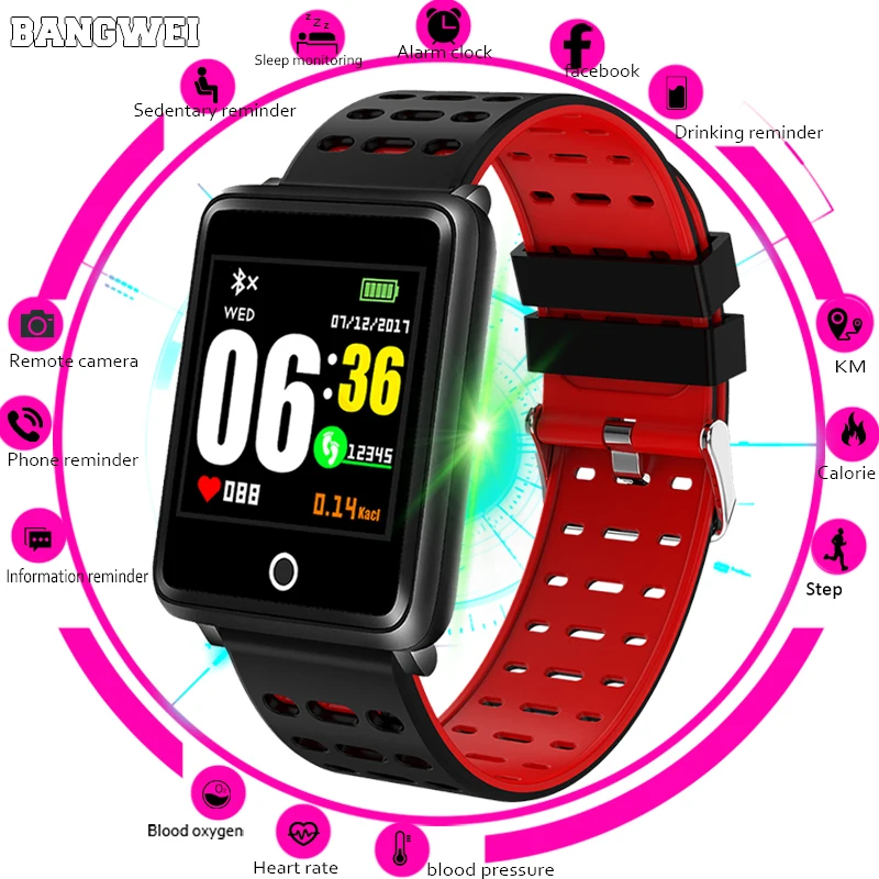 

BANGWEI New Smart Wristband Fitness Tracker LED Color Touch Screen Message Heart Rate Time Smart Watch Men Women Sport Watch+Box