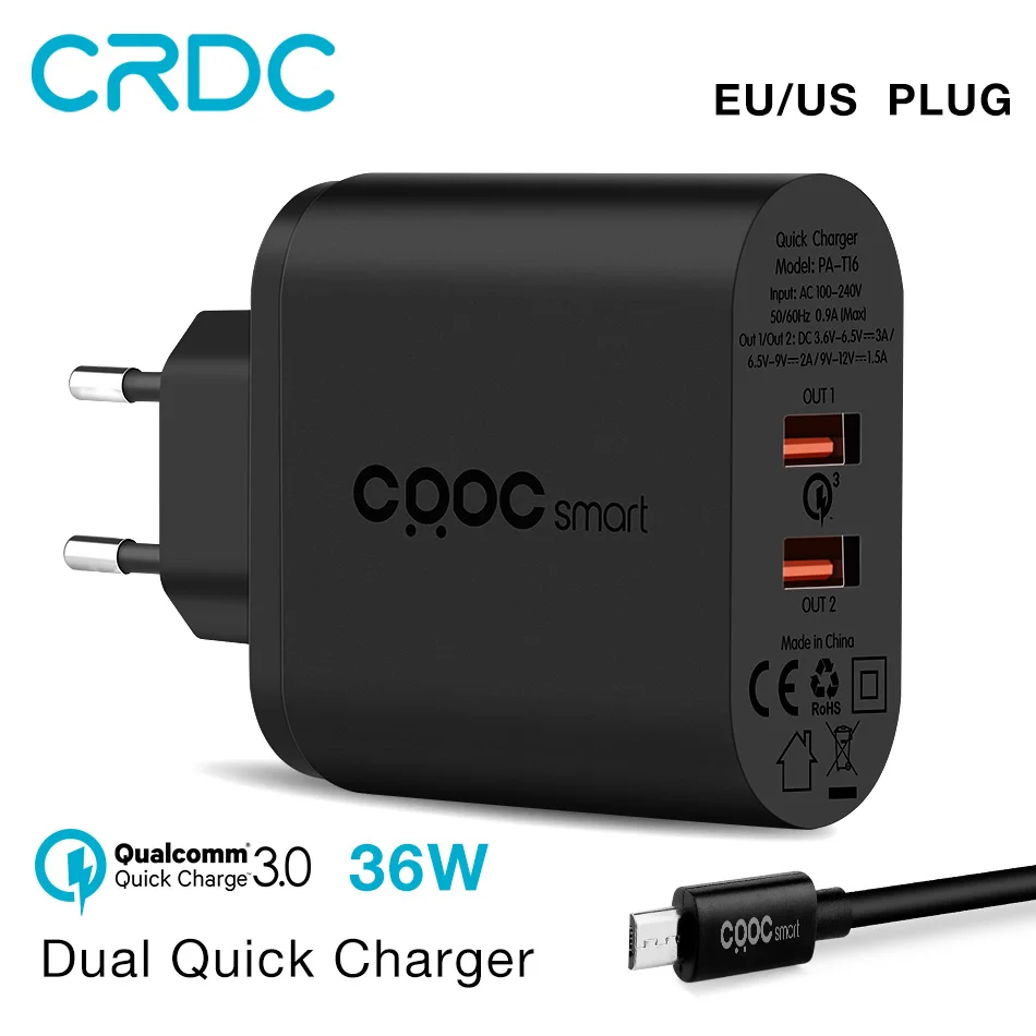 Crdc 36 Вт двойной Quick Charge 3.0 qc2.0 Портативный USB WALL Зарядное устройство мобильный