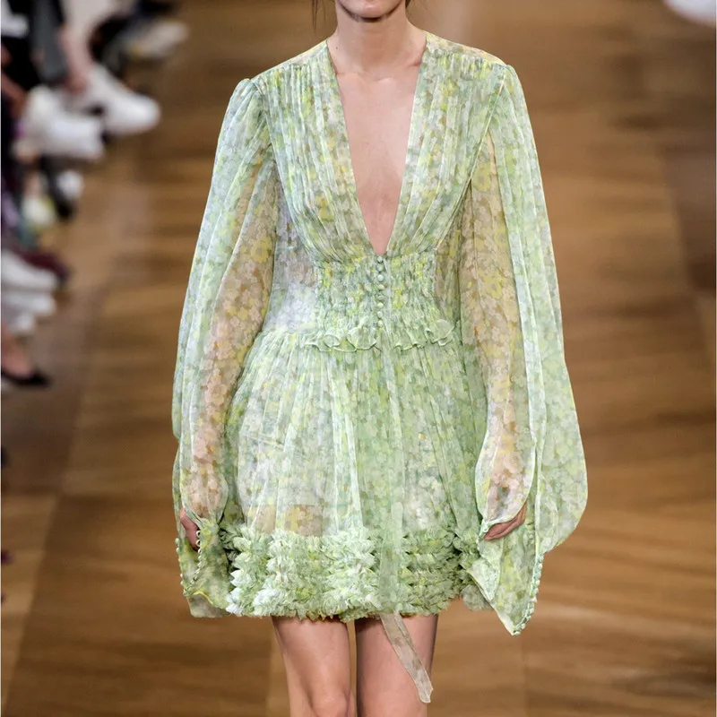 

2019 Runway Designer Chiffon Flower Print Light Green Summer Dress Women's Lantern Sleeve V Neck High Waist Ruffle Mini Dress