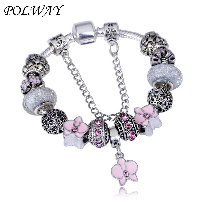 

New Silver Plated Vintage Bracelets & Bangles Magnolia Beads Fit Charms Bracelets For Women Wedding Jewels