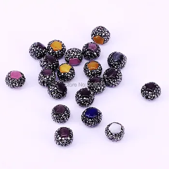 

20Pcs Mix Color Cat Eye Stone With Crystal Rhinestone Paved Round Shape Spacer Beads Jewelry Accessories