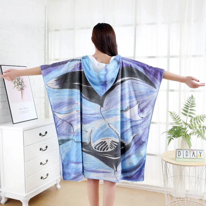 

DropShipping Men Women 100*150cm Dolphin Printing Hooded Bath Towel bathrobe large size adult wearable bath towel with cap
