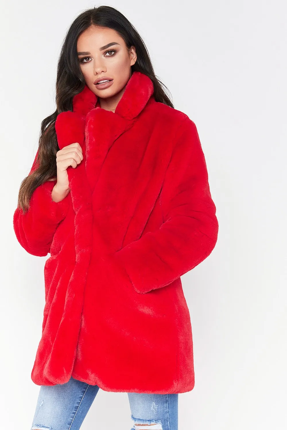 Женское свободное пушистое красное пальто из искусственного меха для девочек, Толстая теплая меховая куртка с длинным рукавом, модная ветровка, зимнее пальто, уличная одежда