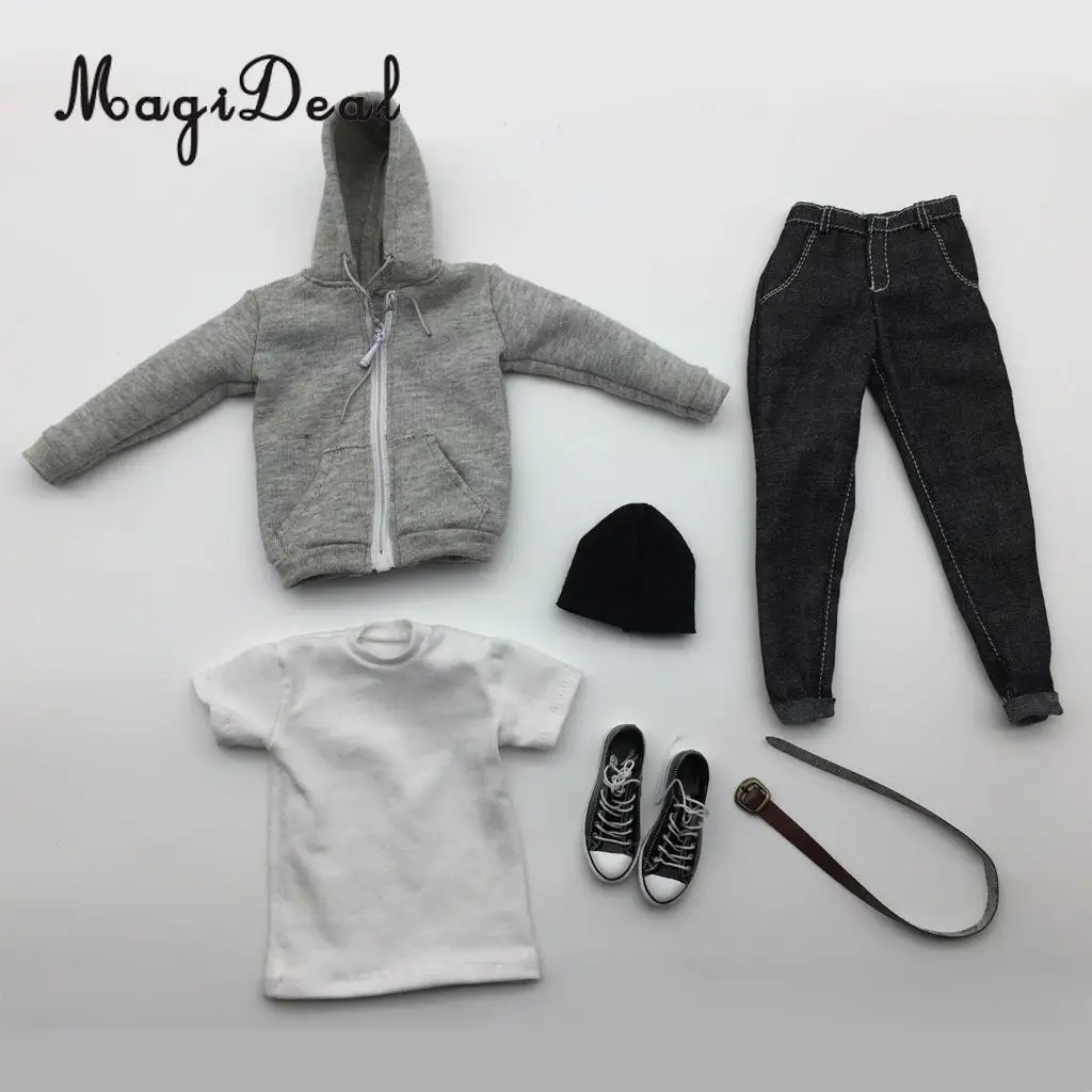 MagiDeal 1/6 Scale Mens Clothes Gray Hoodie T-shirt Jeans Belt Cap Canvas Shoes Set for 12 Inch Male Action Figures