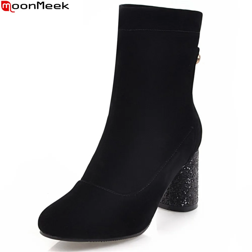 

MoonMeek 2018 autumn winter new arrive women boots square toe ladies boots flock black brown ankle boots big size 34-43