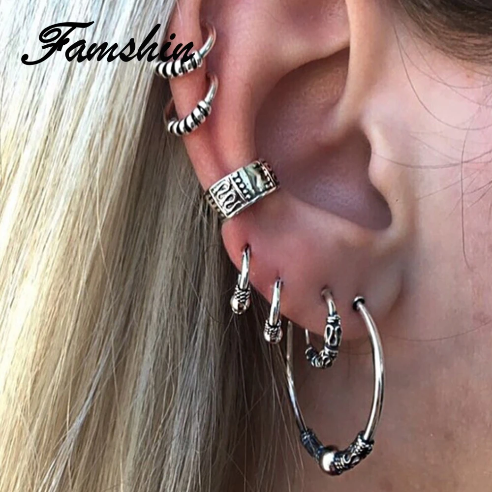 

FAMSHIN 7 Pcs/set Boho Women Retro Carving Beads C Shape Alloy Earrings Set Women's Helix Ear Cartilage Piercing Stud Earrings
