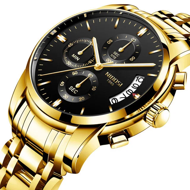 NIBOSI, мужские часы, люксовый бренд, военные спортивные золотые часы, мужские деловые наручные часы, хронограф, кварцевые часы, Relogio Masculino - Цвет: A
