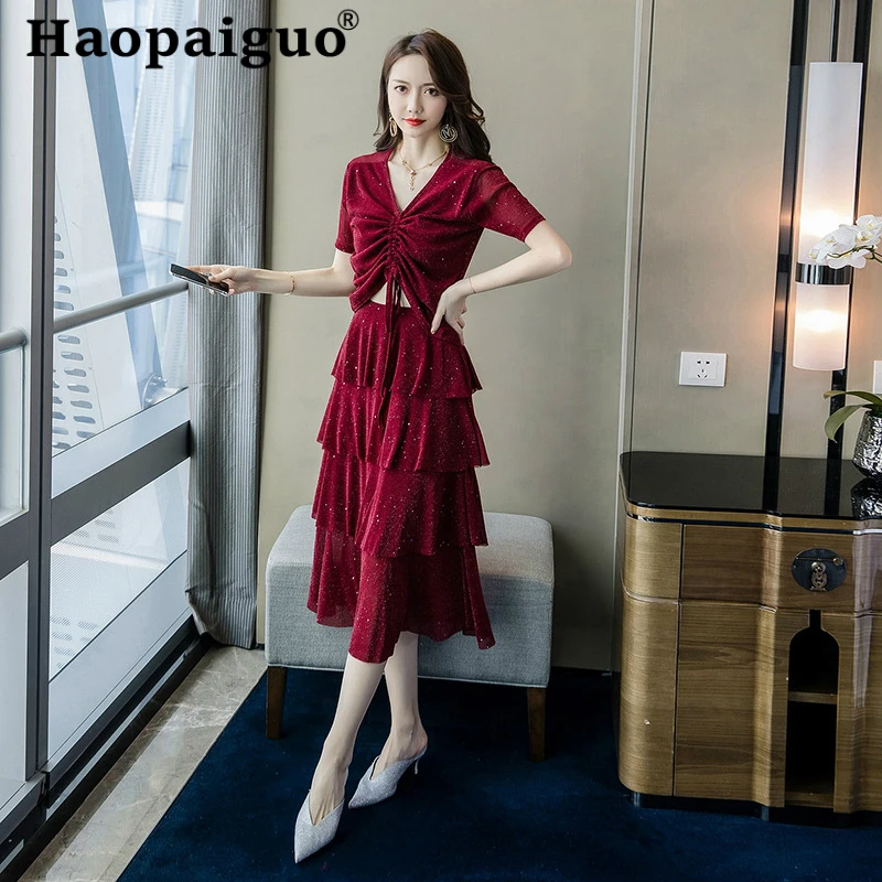 

2019 Summer Korean Style Two Pieces Set Short Sleeve Sexy Blouse and Midi Wrap Black Dress Women 2 Pieces Set Party Suit Set