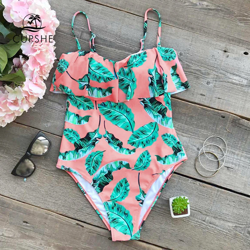 melhor CUPSHE Rozen Maiden Deixa Impressão Babados Falbala One Piece Swimsuit Verão Sexy Biquíni 2018 Mulheres Praia Maiô Swimwear