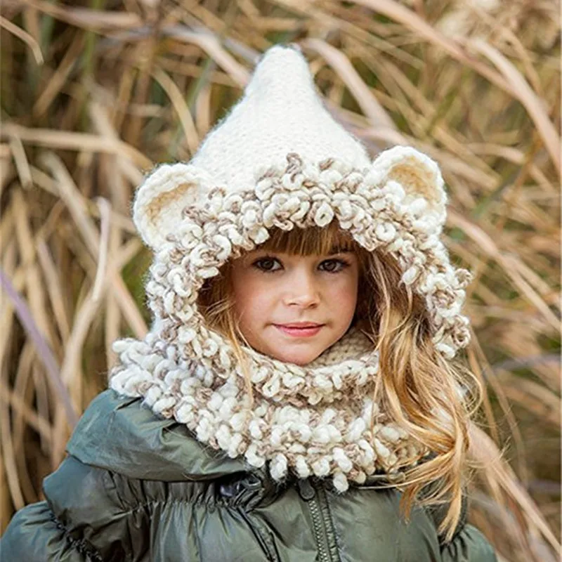 

Cute Kids Winter Hats Children Girls Handmade Crochet Warm Cap Scarf Set Baby Bonnet Cartoon Animal Hats for Children Hot sales