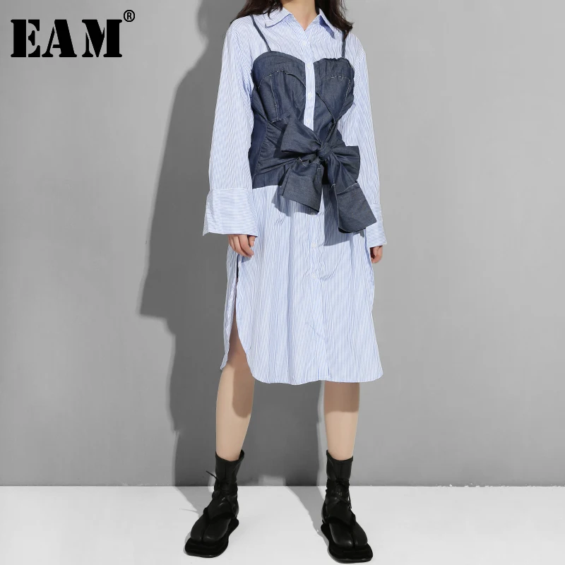 

[EAM] 2019 New Spring Summer Lapel Long Sleeve Blue Striped Waist Denim Bandage Stitch Shirt Dress Women Fashion Tide Y8370