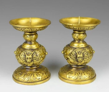 

China Palace Brass Copper Dragon Oil lamps Candlestick Candelabrum Statue Pair