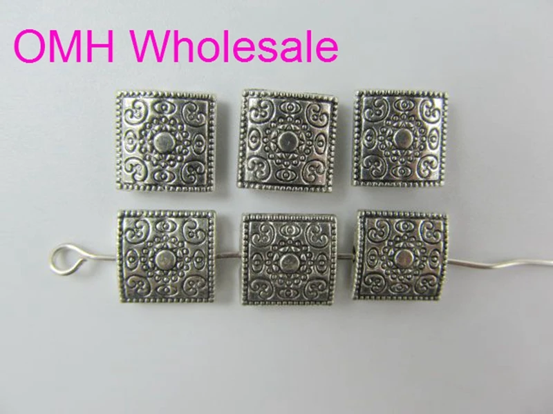 

OMH wholesale 50g 41pcs 14 mm Retro Tibet silver Jewelry accessories Zinc alloy square European space beads for bracelet PJ297
