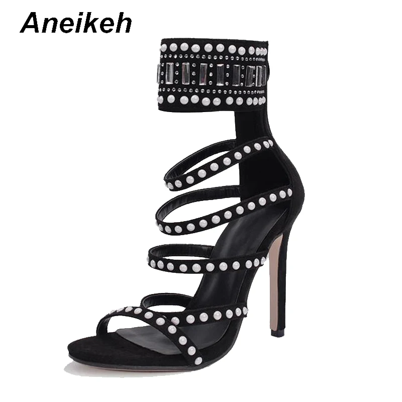 

Aneikeh Women Fashion Open Toe Rhinestone Design High Heel Sandals Cut-out Crystal Ankle Wrap Gladiator Sandals 295-8 Size 35-40
