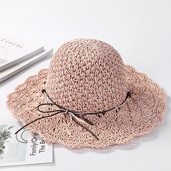 Летняя пляжная шляпа от солнца, для девушек, ручная работа, с широкими полями, женская мягкая складная соломенная шляпа, Панама, для путешествий, солнцезащитный козырек - Цвет: pink