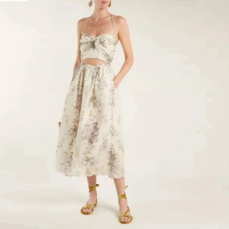 ZIM Designer Summer Runway Dress Women Sexy Halter Hollow Out Off Shoulder Female Holiday Party Maxi Dresses Boho | Женская одежда