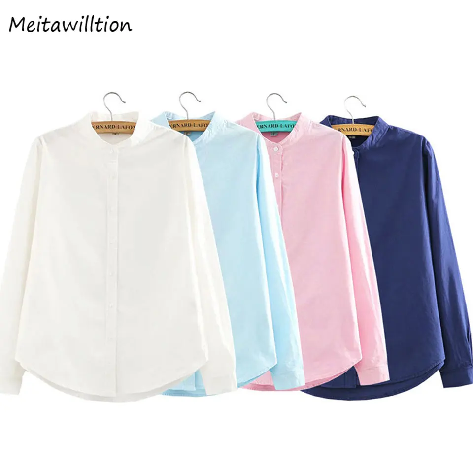 

100% Cotton Women Blouse Shirt 2019 Korean Fashion Long Sleeve White Shirts Autumn Female Stand White Shirts Lady Office Tops
