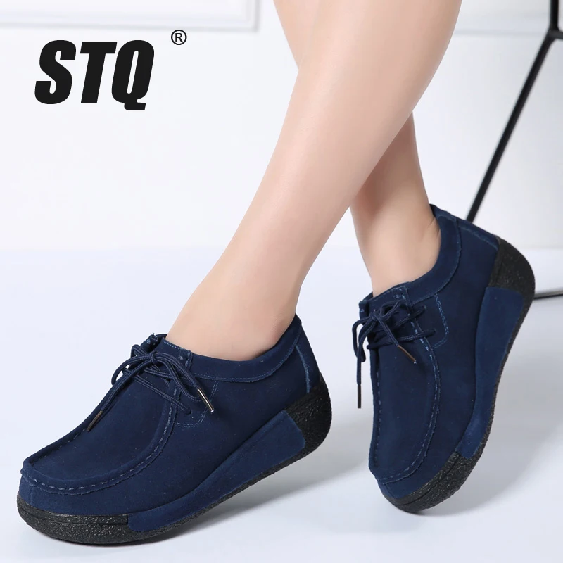 

STQ 2019 Spring women flats platform sneakers shoes women casual shoes leather suede moccasins shoes women lace up creepers 3582