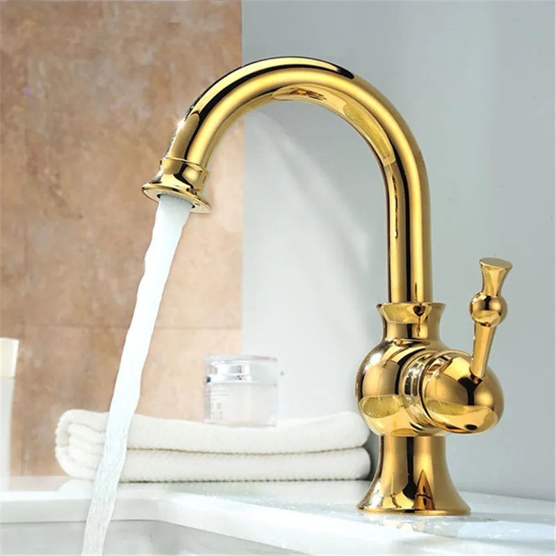 Deck Mount One Handle Basin Sink Faucet Golden Brass Bathroom Vanity
