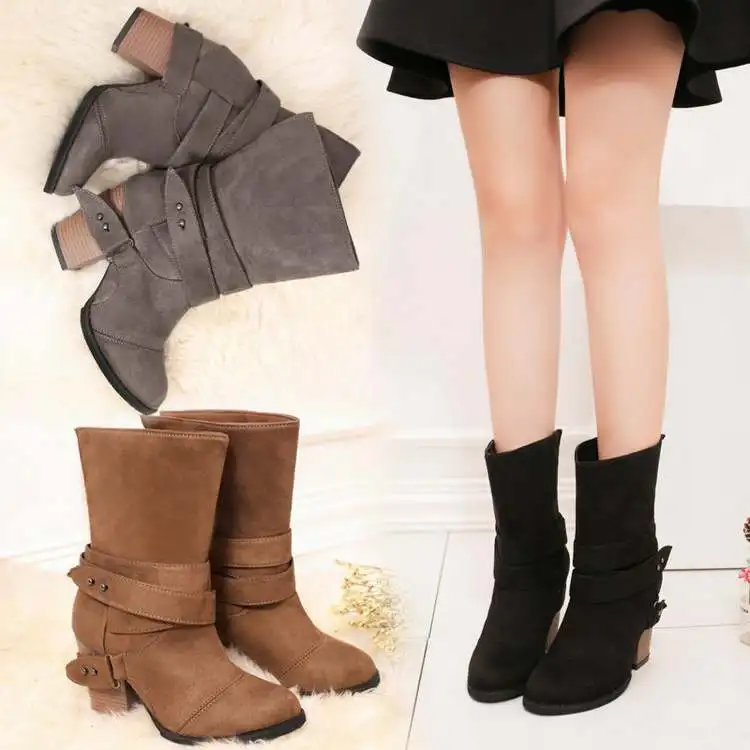 

Booties 2018 thick heel boots belt buckle large size boots short boots women's shoes