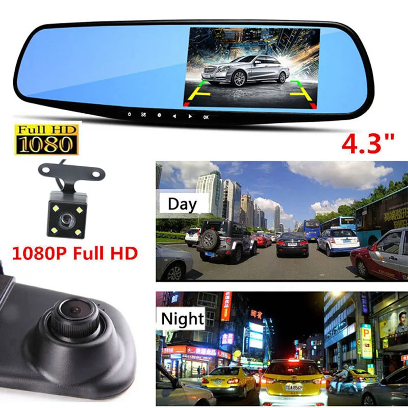 

4.3'' 1080P Dual Lens Car DVR Mirror Dash Cam Recorder With Rear View Camera Kit