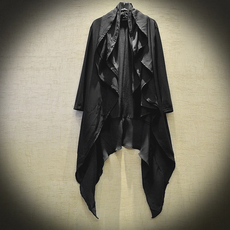 

Men summer gothic style hip hop trench coat hooded cloak men's irregular design long cardigan street punk vintage jackets