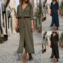 Women Casual Long Sleeve Button Down Loose Long Maxi Party Shirt Dress Plus Size long sleeve button down mini shift dress