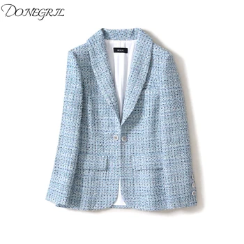 

Women formal blue plaid blazer office lady one button elegant tweed blazers outerwear new 2020 spring brand